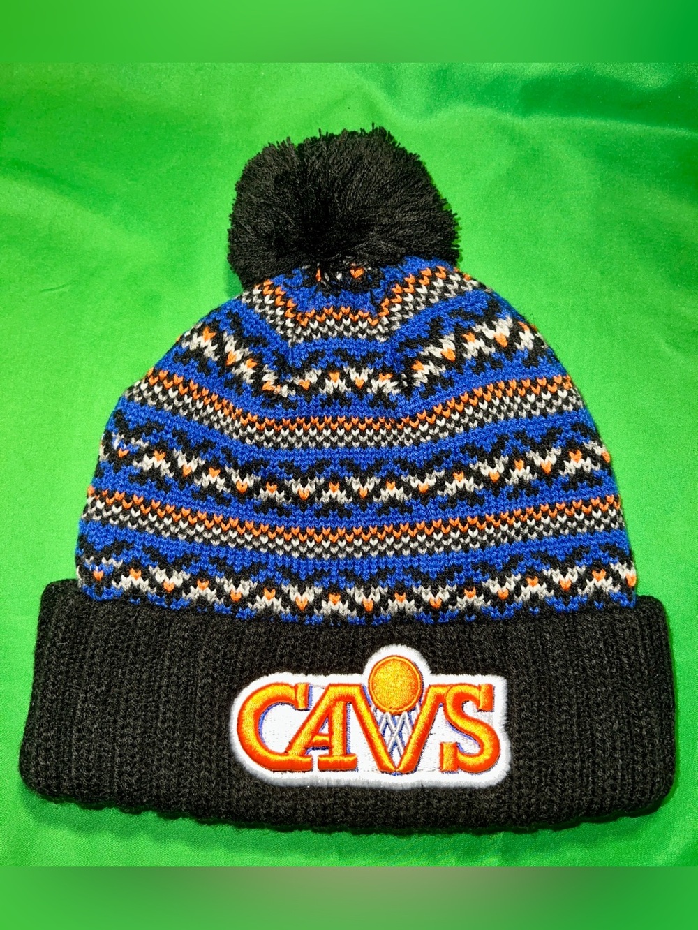 Mitchell & Ness Cleveland Cavs Black Cuffed Pom Beanie with Blue Pattern